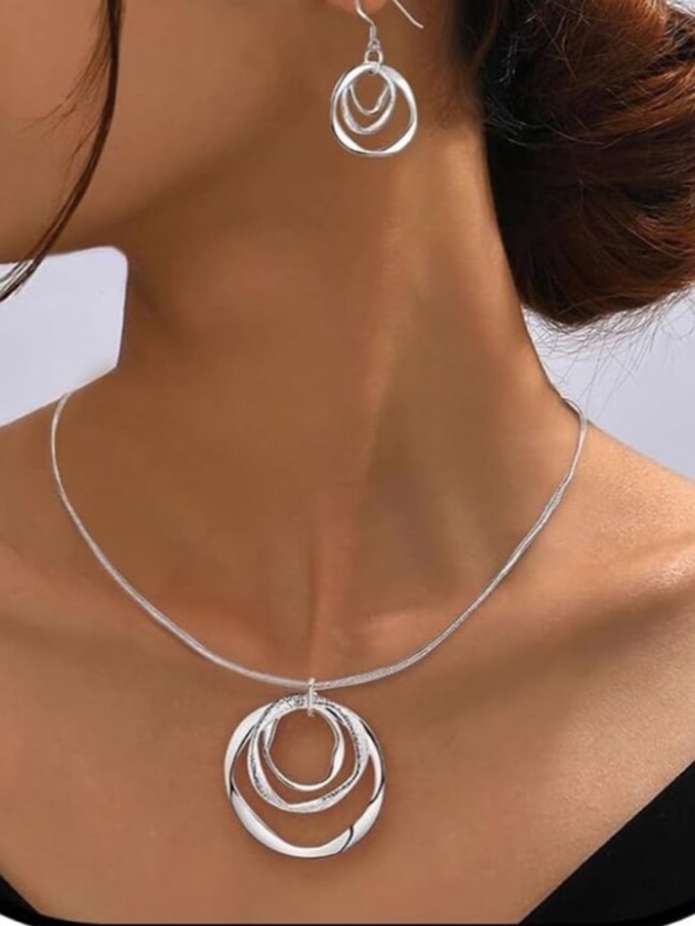 Silver 3-Circle Hoop Necklace and Earrings Set